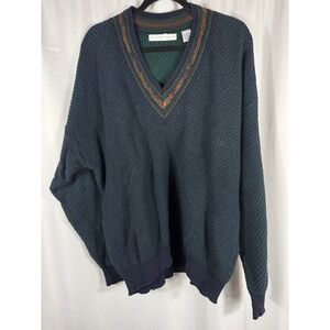 Vintage GEOFFREY‎ BEENE Mens L V Neck Textured Knit Sweater Green Blue